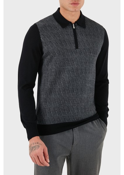 Desenli Yün ve Pamuk Karışımlı Slim Fit Yarım Fermuarlı Polo Yaka Kazak Erkek Kazak 57137 13126 099 modelleri