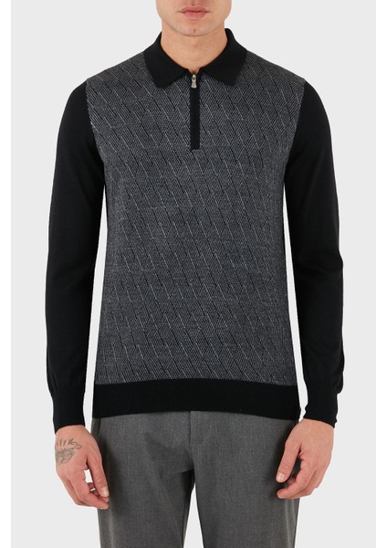 Desenli Yün ve Pamuk Karışımlı Slim Fit Yarım Fermuarlı Polo Yaka Kazak Erkek Kazak 57137 13126 099 fırsatları