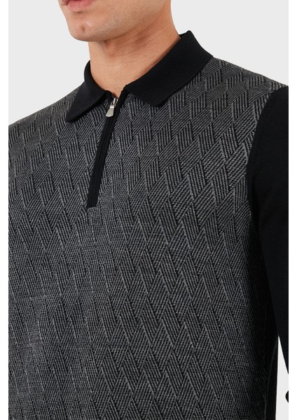 Desenli Yün ve Pamuk Karışımlı Slim Fit Yarım Fermuarlı Polo Yaka Kazak Erkek Kazak 57137 13126 099