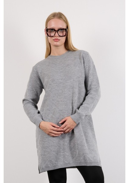 Kadın Gri Yan Yırtmaçlı Bisiklet Yaka Sim Desenli Triko Bluz