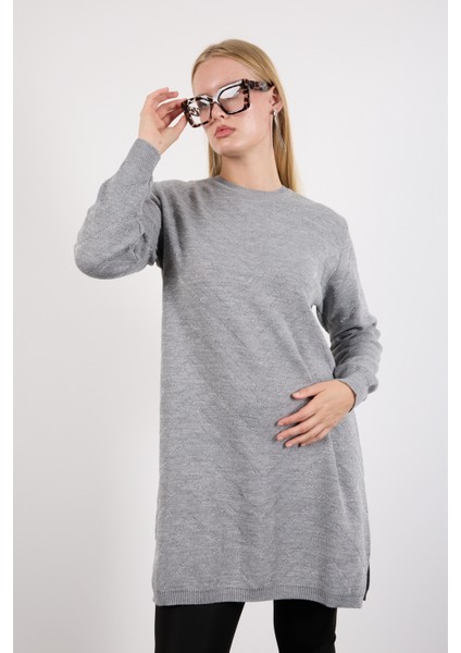 Kadın Gri Yan Yırtmaçlı Bisiklet Yaka Sim Desenli Triko Bluz fiyatları