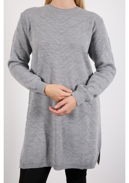 Kadın Gri Yan Yırtmaçlı Bisiklet Yaka Sim Desenli Triko Bluz fırsatları