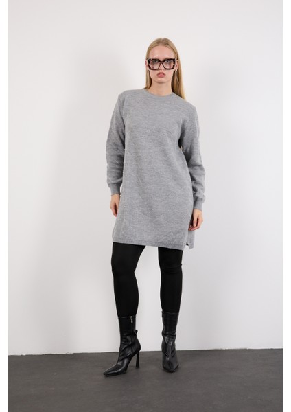 Kadın Gri Yan Yırtmaçlı Bisiklet Yaka Sim Desenli Triko Bluz indirimleri