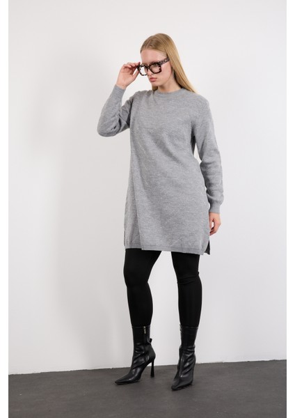 Kadın Gri Yan Yırtmaçlı Bisiklet Yaka Sim Desenli Triko Bluz