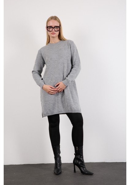 Kadın Gri Yan Yırtmaçlı Bisiklet Yaka Sim Desenli Triko Bluz