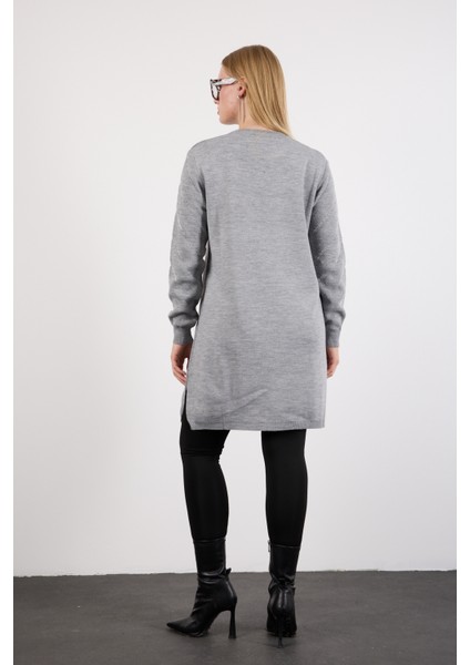 Kadın Gri Yan Yırtmaçlı Bisiklet Yaka Sim Desenli Triko Bluz