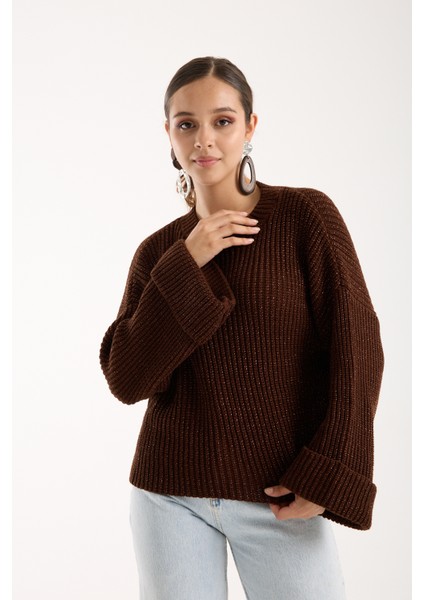 Kadın Acı Kahve Selanik Örgü Bisiklet Yaka Simli Oversize Triko Kazak