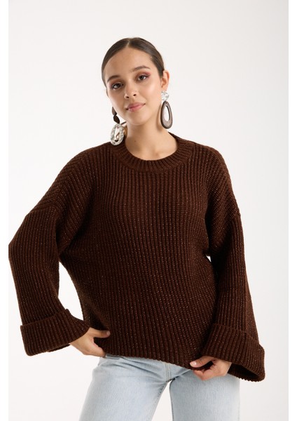 Kadın Acı Kahve Selanik Örgü Bisiklet Yaka Simli Oversize Triko Kazak fiyatları