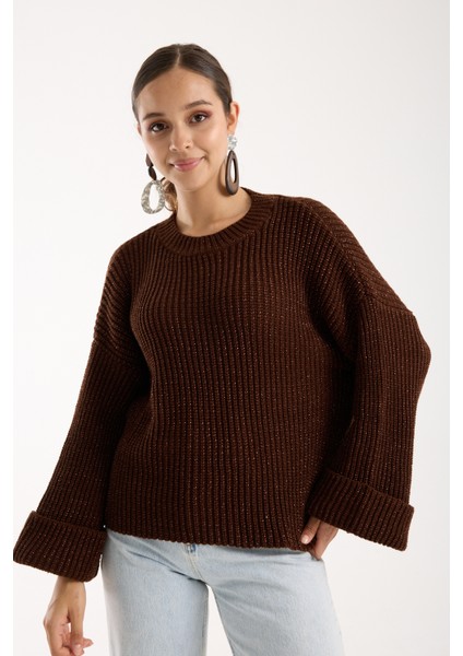 Kadın Acı Kahve Selanik Örgü Bisiklet Yaka Simli Oversize Triko Kazak modelleri