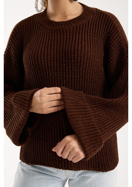 Kadın Acı Kahve Selanik Örgü Bisiklet Yaka Simli Oversize Triko Kazak fırsatları