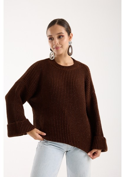 Kadın Acı Kahve Selanik Örgü Bisiklet Yaka Simli Oversize Triko Kazak indirimleri