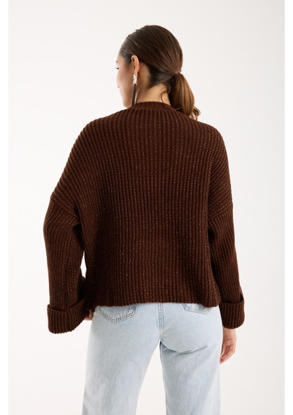 Kadın Acı Kahve Selanik Örgü Bisiklet Yaka Simli Oversize Triko Kazak