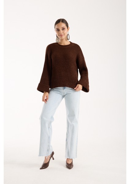 Kadın Acı Kahve Selanik Örgü Bisiklet Yaka Simli Oversize Triko Kazak