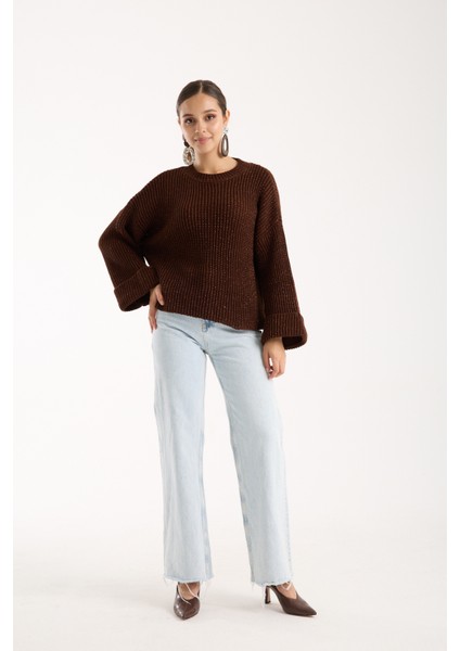 Kadın Acı Kahve Selanik Örgü Bisiklet Yaka Simli Oversize Triko Kazak