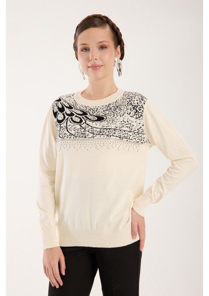 Kadın Ekru Elit Viskon Kumaş Taş Detaylı Bisiklet Yaka Triko Bluz