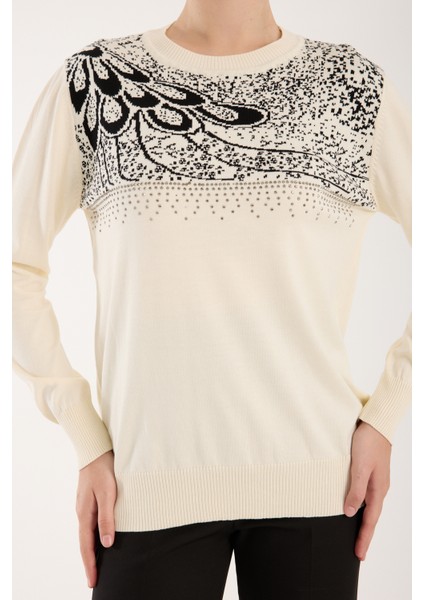 Kadın Ekru Elit Viskon Kumaş Taş Detaylı Bisiklet Yaka Triko Bluz fırsatları