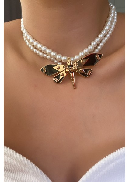 Yusufçuk Figürlü Çift Sıralı Inci Kolye