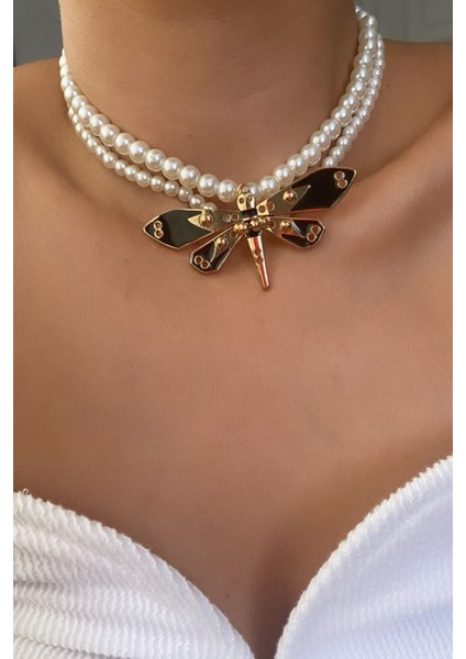 Yusufçuk Figürlü Çift Sıralı Inci Kolye modelleri