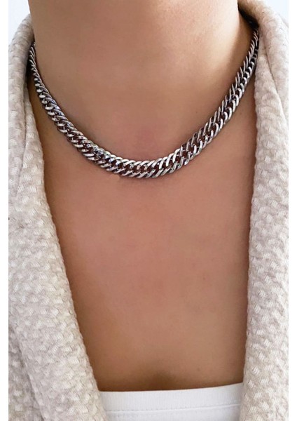 Dokulu Zincir Gümüş Kolye