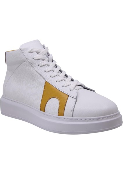 Erkek Beyaz-Hardal Detaylı Bağcıklı-Fermuarlı Hakiki Deri Kışlık Bot