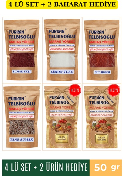 Sumak Ekşi Toz 50GR + Pul Biber 50GR + Tane Sumak 50GR + Limon Tuzu 50GR + 2 Baharat Hediye
