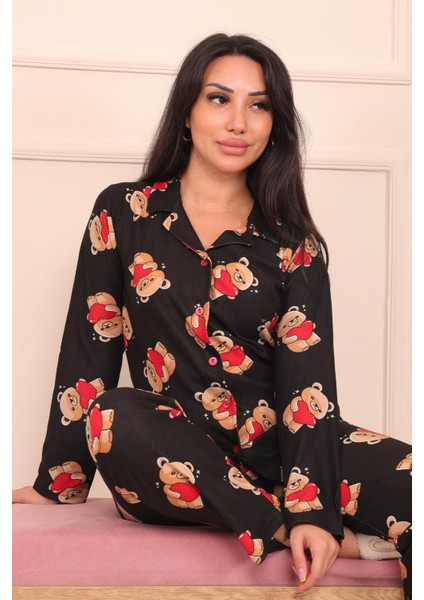Kadın Ayıcık Desenli Önü Düğmeli Süet Pijama Takımı fiyatları