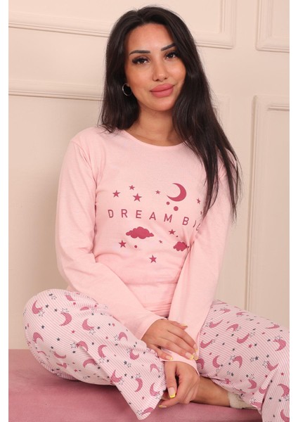 Kadın Dream Big Sloganlı ve Altı Desenli Bisiklet Yaka Uzun Kol Altı Uzun Penye Pijama Takımı
