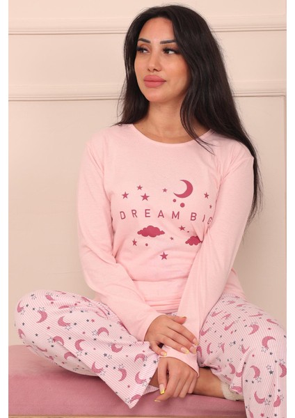 Kadın Dream Big Sloganlı ve Altı Desenli Bisiklet Yaka Uzun Kol Altı Uzun Penye Pijama Takımı fiyatları