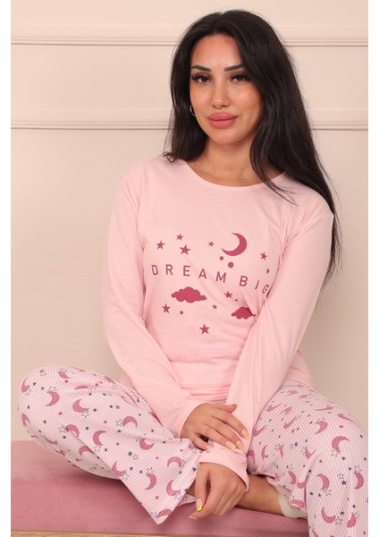 Kadın Dream Big Sloganlı ve Altı Desenli Bisiklet Yaka Uzun Kol Altı Uzun Penye Pijama Takımı modelleri