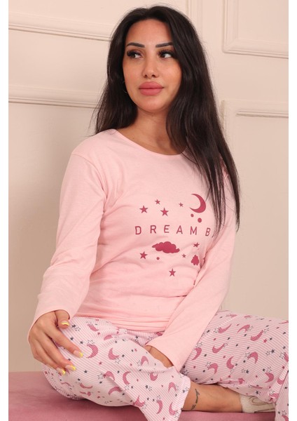 Kadın Dream Big Sloganlı ve Altı Desenli Bisiklet Yaka Uzun Kol Altı Uzun Penye Pijama Takımı fırsatları