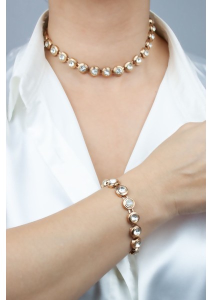 Kristal Taşlı Bronz Kolye Bileklik Set