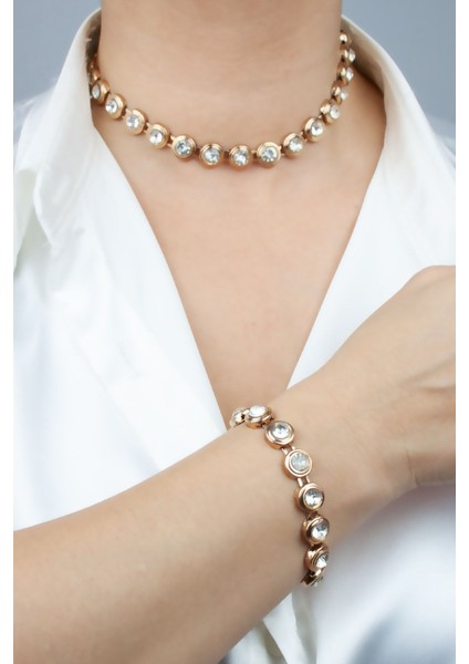Kristal Taşlı Bronz Kolye Bileklik Set fiyatları