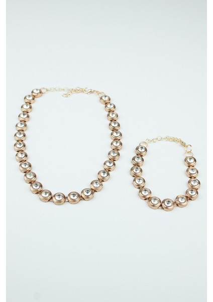 Kristal Taşlı Bronz Kolye Bileklik Set modelleri