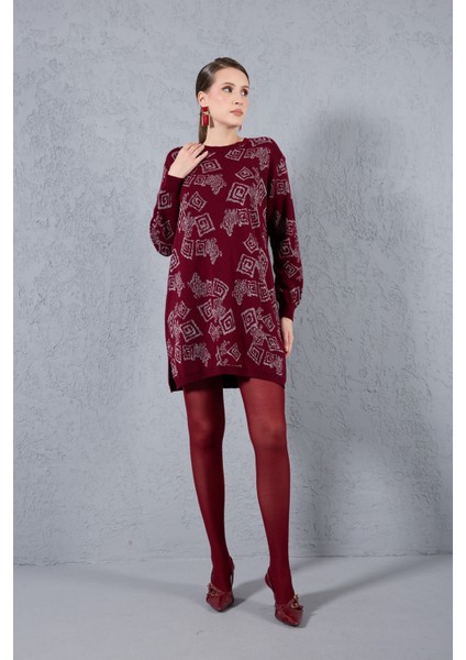 Kadın Bordo Yan Yırtmaçlı Bisiklet Yaka Sim Desenli Triko Bluz