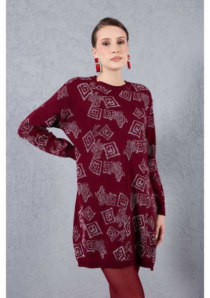 Kadın Bordo Yan Yırtmaçlı Bisiklet Yaka Sim Desenli Triko Bluz fiyatları