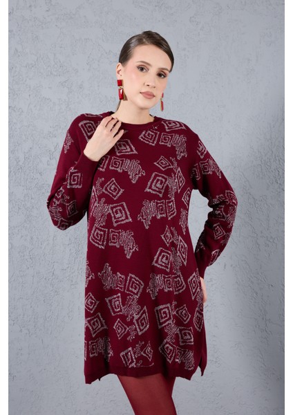 Kadın Bordo Yan Yırtmaçlı Bisiklet Yaka Sim Desenli Triko Bluz modelleri