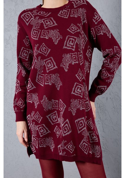 Kadın Bordo Yan Yırtmaçlı Bisiklet Yaka Sim Desenli Triko Bluz fırsatları