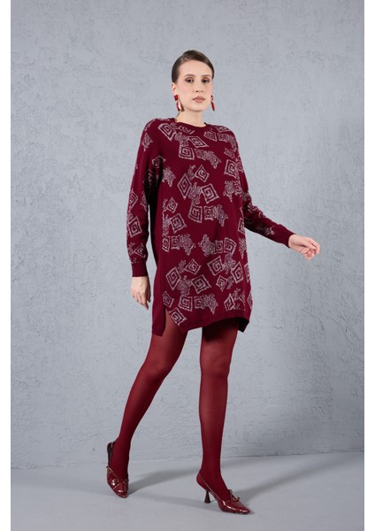 Kadın Bordo Yan Yırtmaçlı Bisiklet Yaka Sim Desenli Triko Bluz indirimleri