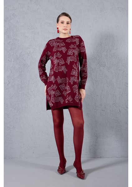 Kadın Bordo Yan Yırtmaçlı Bisiklet Yaka Sim Desenli Triko Bluz