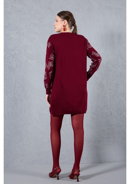 Kadın Bordo Yan Yırtmaçlı Bisiklet Yaka Sim Desenli Triko Bluz