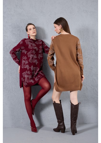 Kadın Bordo Yan Yırtmaçlı Bisiklet Yaka Sim Desenli Triko Bluz