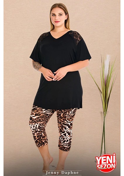 Lady Büyük Beden Leopar Desenli V Yaka Dantelli Omuz Kısa Kollu Kapri Pijama Takımı