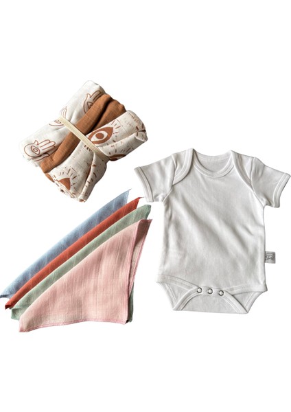 %100 Pamuk Yenidoğan Bebek Seti – Ağız Bezi + Kısa Kol Zıbın + Tılsım Müslin Battaniye
