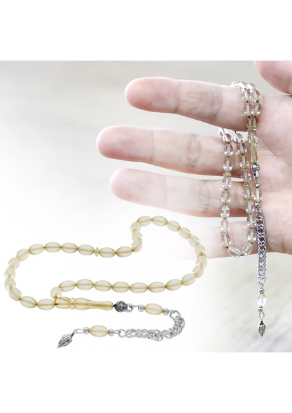 Ateş Kehribar Tesbih - Kararmaz Metal Püsküllü - Mini Boy - Şeffaf Beyaz Renk - Arpa Kesim fiyatları