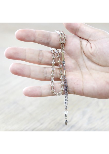 Ateş Kehribar Tesbih - Kararmaz Metal Püsküllü - Mini Boy - Şeffaf Beyaz Renk - Arpa Kesim fırsatları