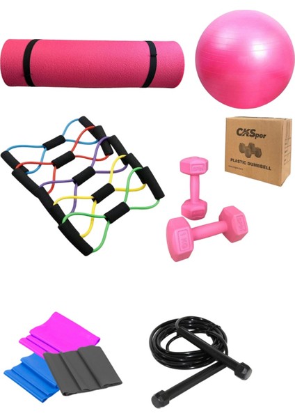 Pilates 8’li Set: 10 mm Pembe Mat + 1 kg X2 Dambıl + Atlama Ipi + 3 Bant + Lastik