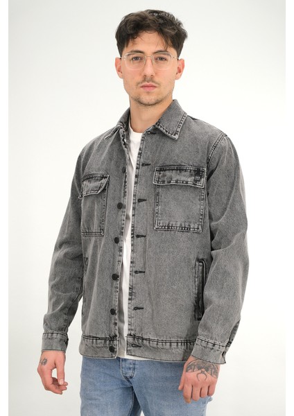 Erkek Füme Yıkamalı Kot Ceket Rahat Kalıp Gömlek Yaka Kapaklı Çift Cep