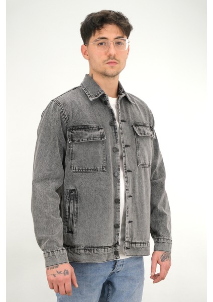 Erkek Füme Yıkamalı Kot Ceket Rahat Kalıp Gömlek Yaka Kapaklı Çift Cep modelleri
