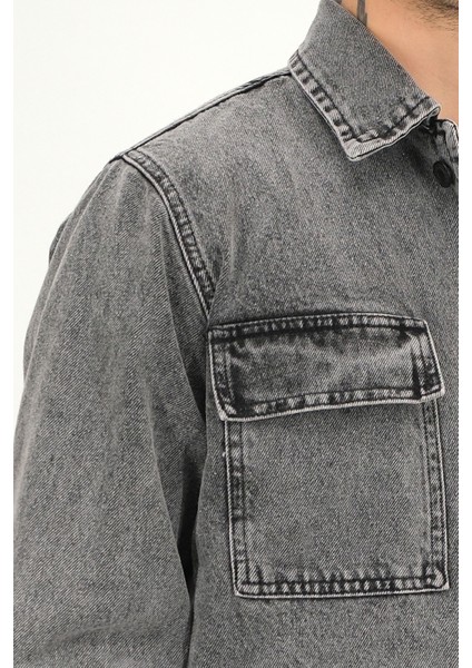 Erkek Füme Yıkamalı Kot Ceket Rahat Kalıp Gömlek Yaka Kapaklı Çift Cep