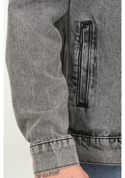 Erkek Füme Yıkamalı Kot Ceket Rahat Kalıp Gömlek Yaka Kapaklı Çift Cep